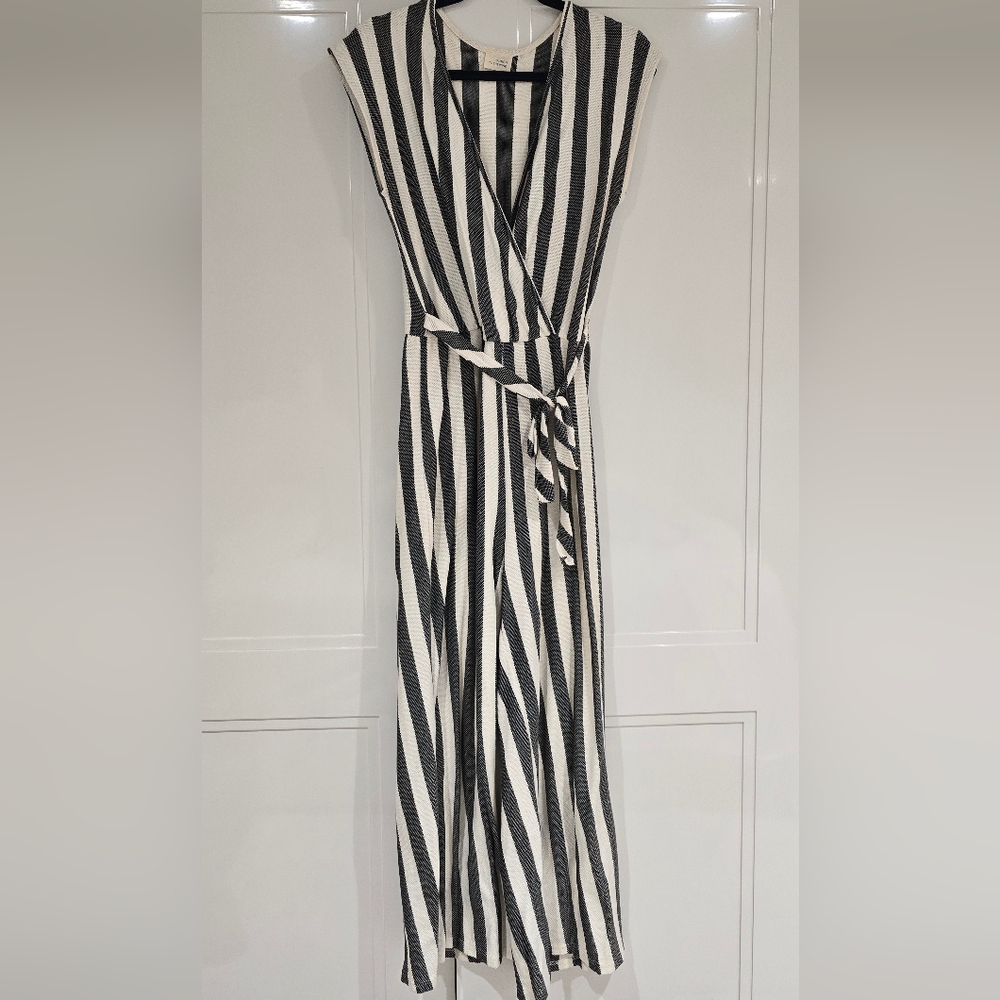 Striped Black and White Romper / Jumpsuit W/ Wrap Tie By CAUTION TO THE WIND